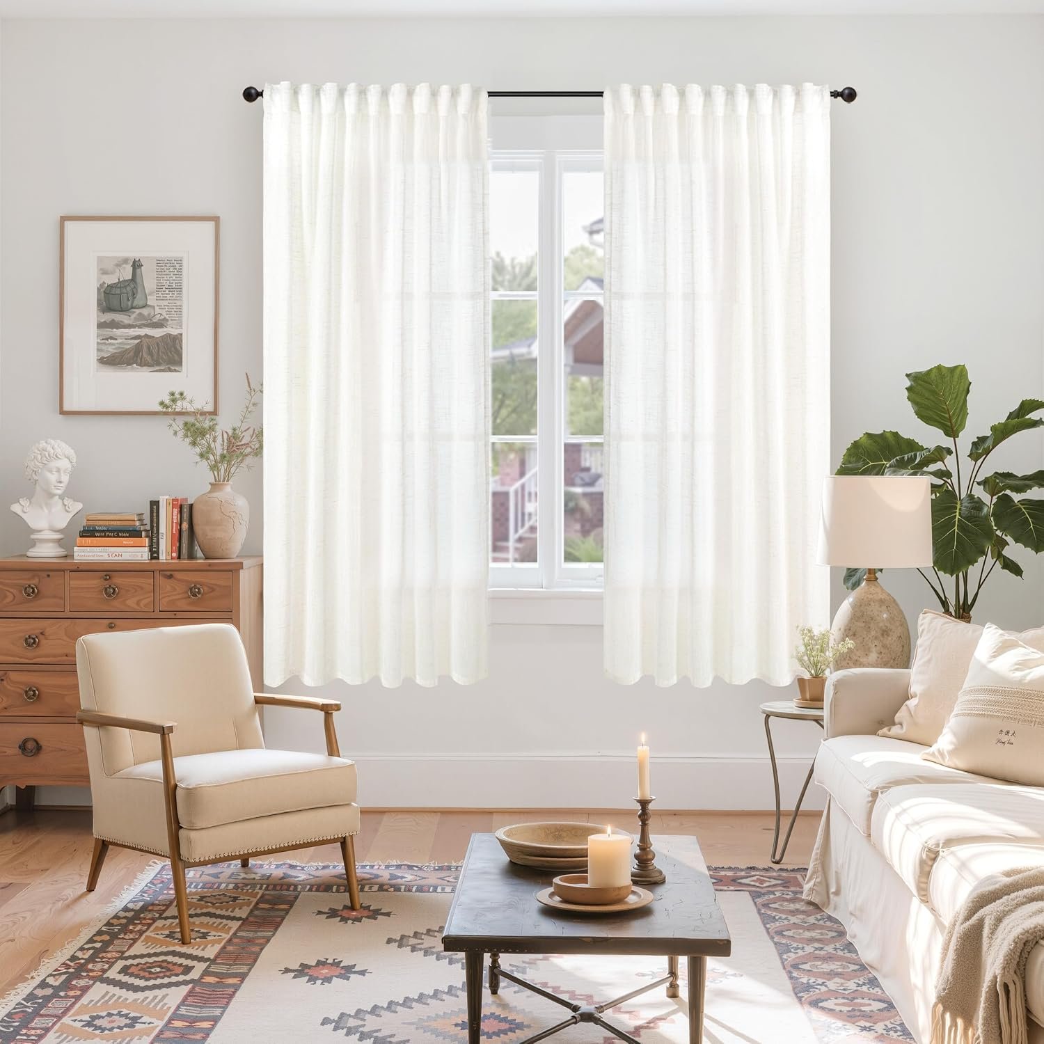 Ivory White Linen Tulle Curtains | Rod Bag & Straps | Natural Texture, Light Transmitting - Image 2