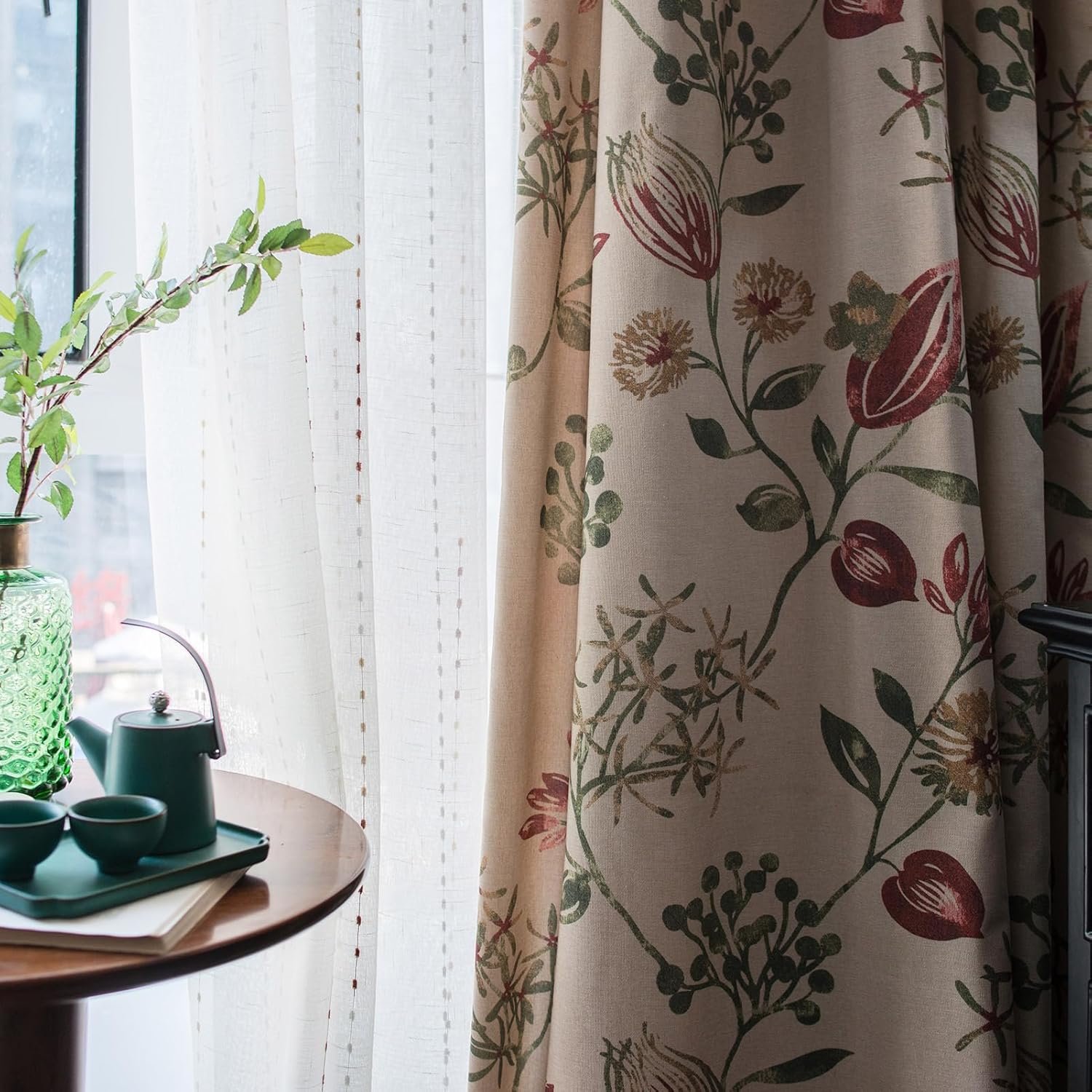Red Floral Jacobin Style Curtains | Perforated Light-Glowing | Living Room, Dining Room, Bedroom