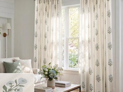 Blue-Green French Country Linen Curtains | Translucent Pleated Design | Suitable for Sliding Glass Doors
