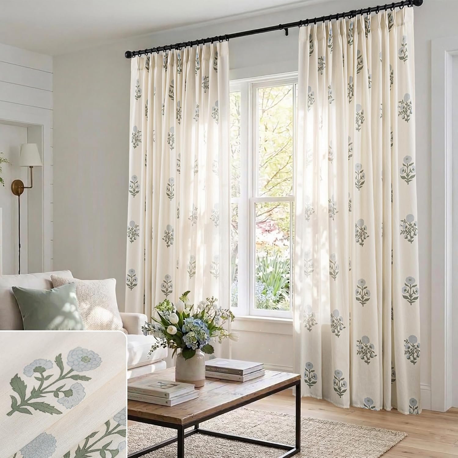 Blue-Green French Country Linen Curtains | Translucent Pleated Design | Suitable for Sliding Glass Doors