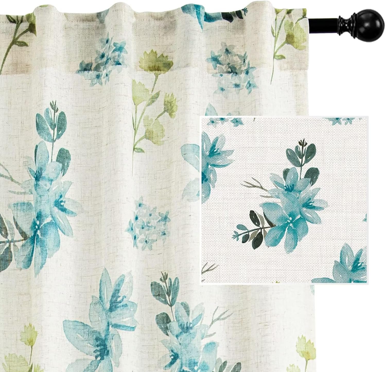 Blue Floral Linen Curtains | Rod Bag/Strap Option | Translucent Vintage Farmhouse Style - Image 2