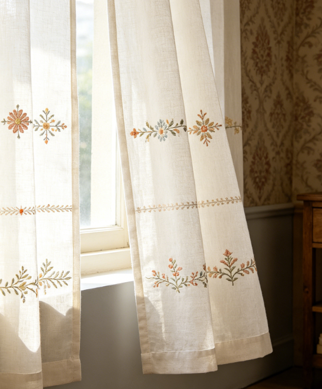 Vintage-Style Embroidered Linen Curtains with Floral Embroidery - Image 2