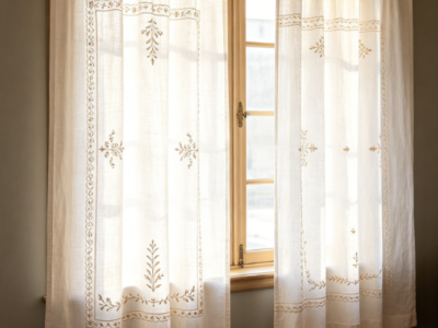 Country-Striped Floral Embroidered Linen Sheer Curtains