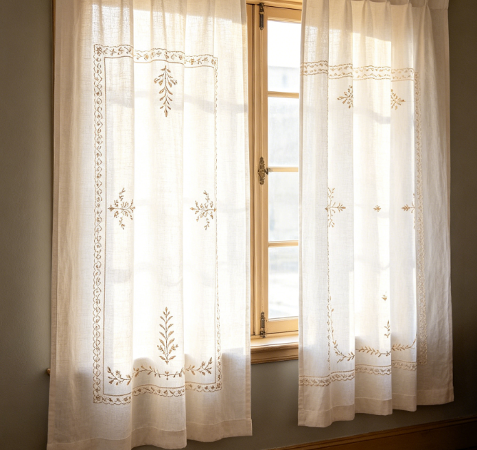 Country-Striped Floral Embroidered Linen Sheer Curtains