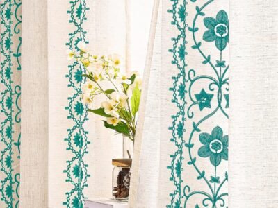 Blue-Green Vintage Floral Embroidered Curtains | Perforated Light-Glowing | Bohemian Style