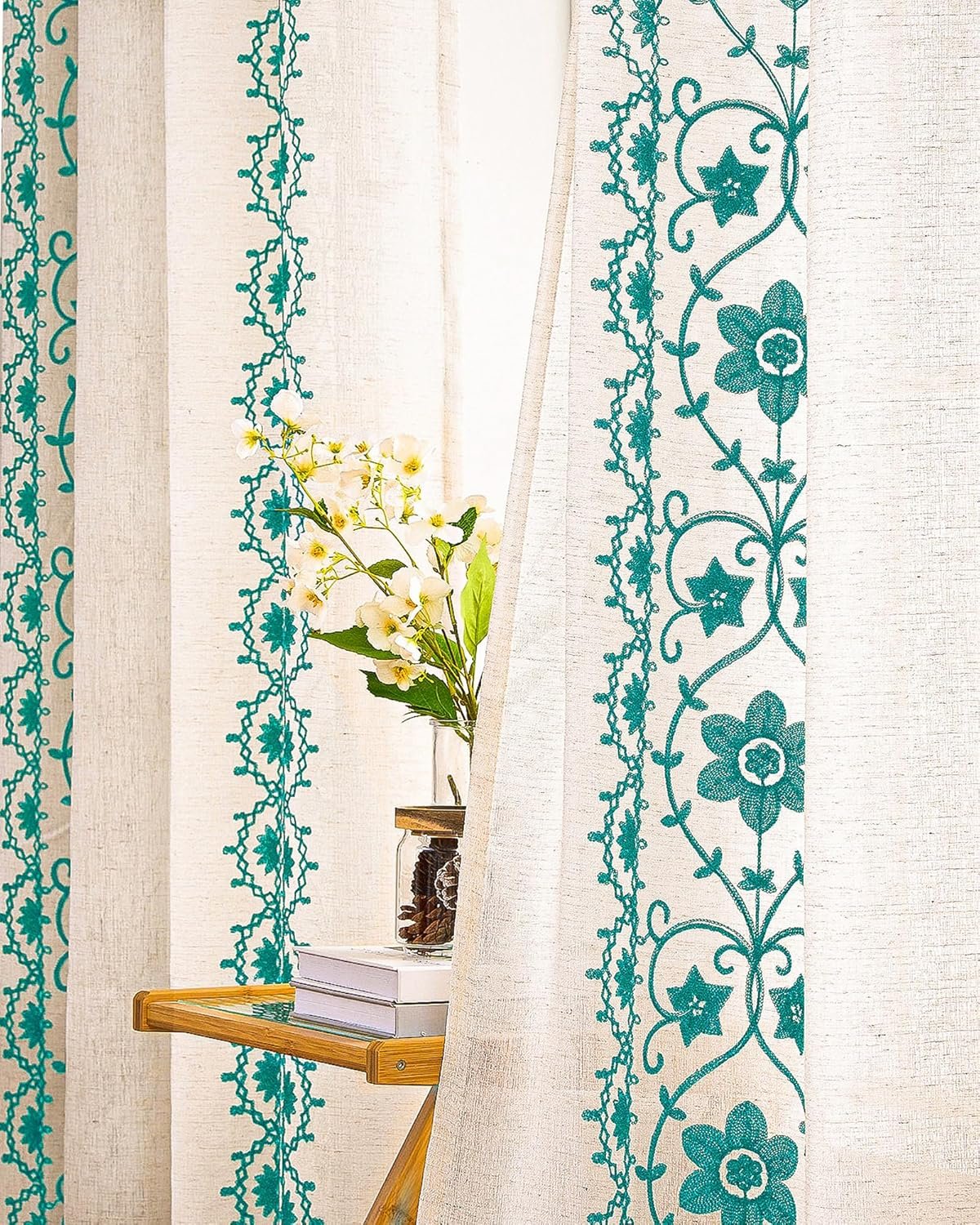 Blue-Green Vintage Floral Embroidered Curtains | Perforated Light-Glowing | Bohemian Style