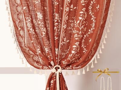 Burnt Orange Bohemian Tassel Curtains | Rod Bag & Straps | Farmhouse Style with Tie-on