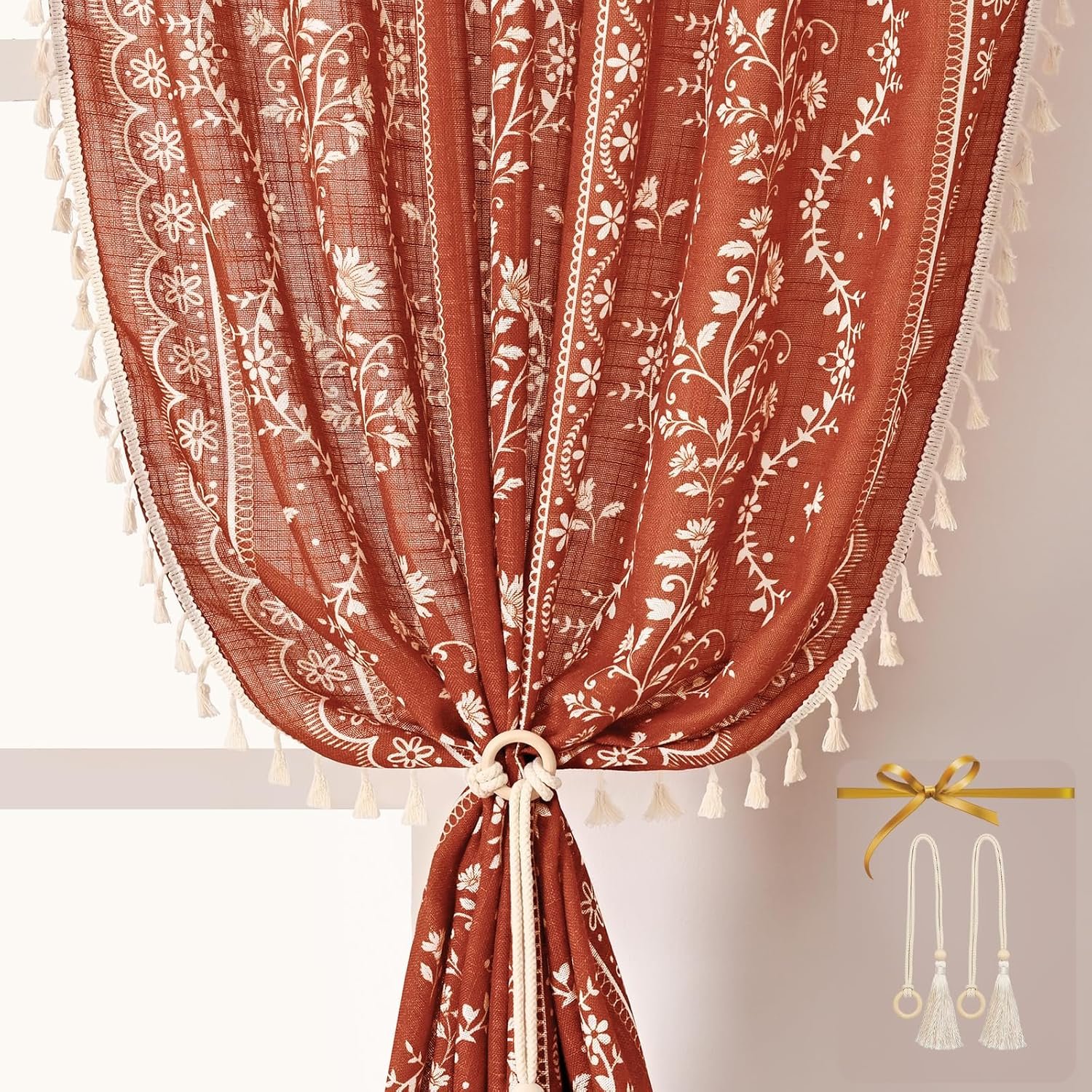 Burnt Orange Bohemian Tassel Curtains | Rod Bag & Straps | Farmhouse Style with Tie-on