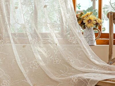 Beige Floral and Leaf Embroidered Curtains