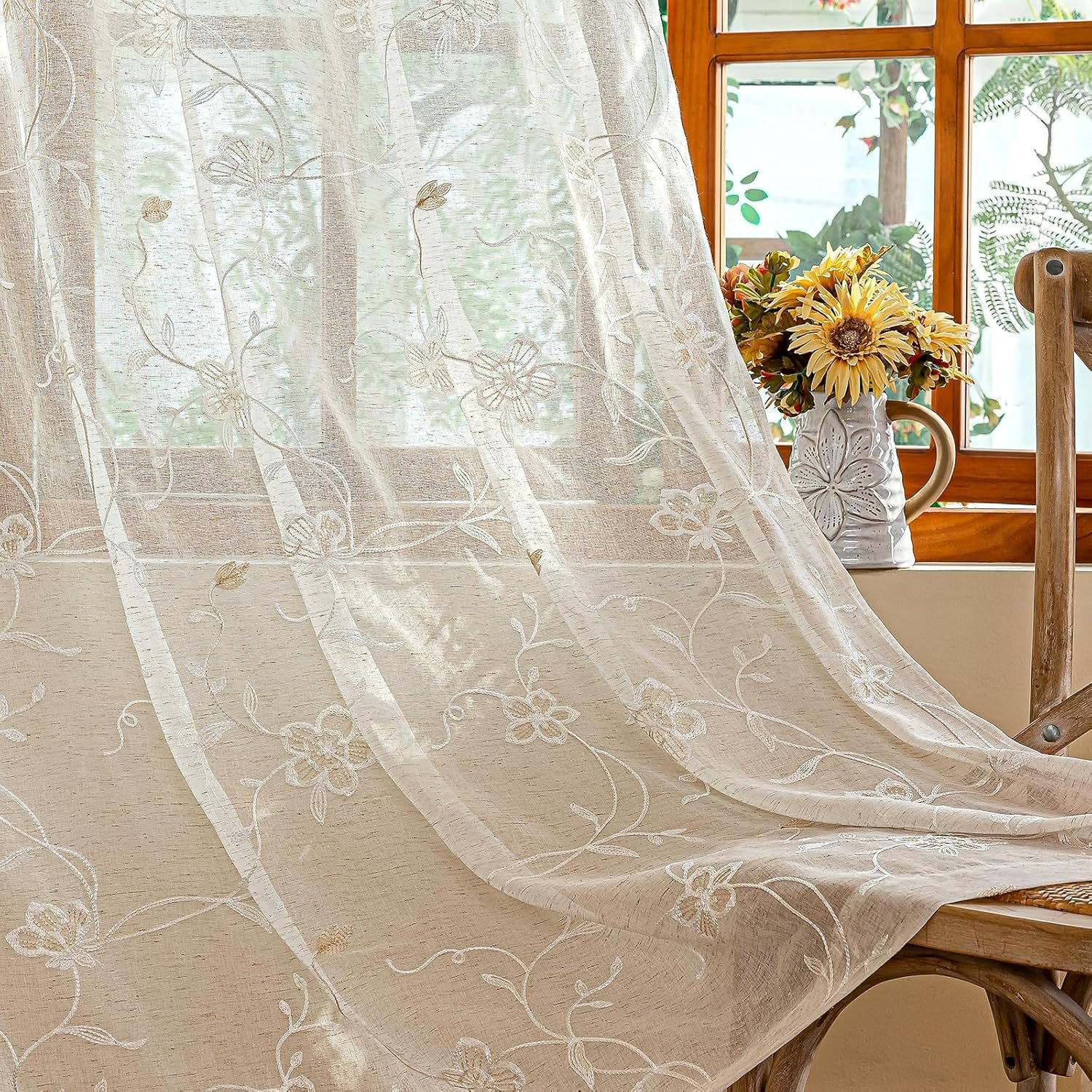 Beige Floral and Leaf Embroidered Curtains