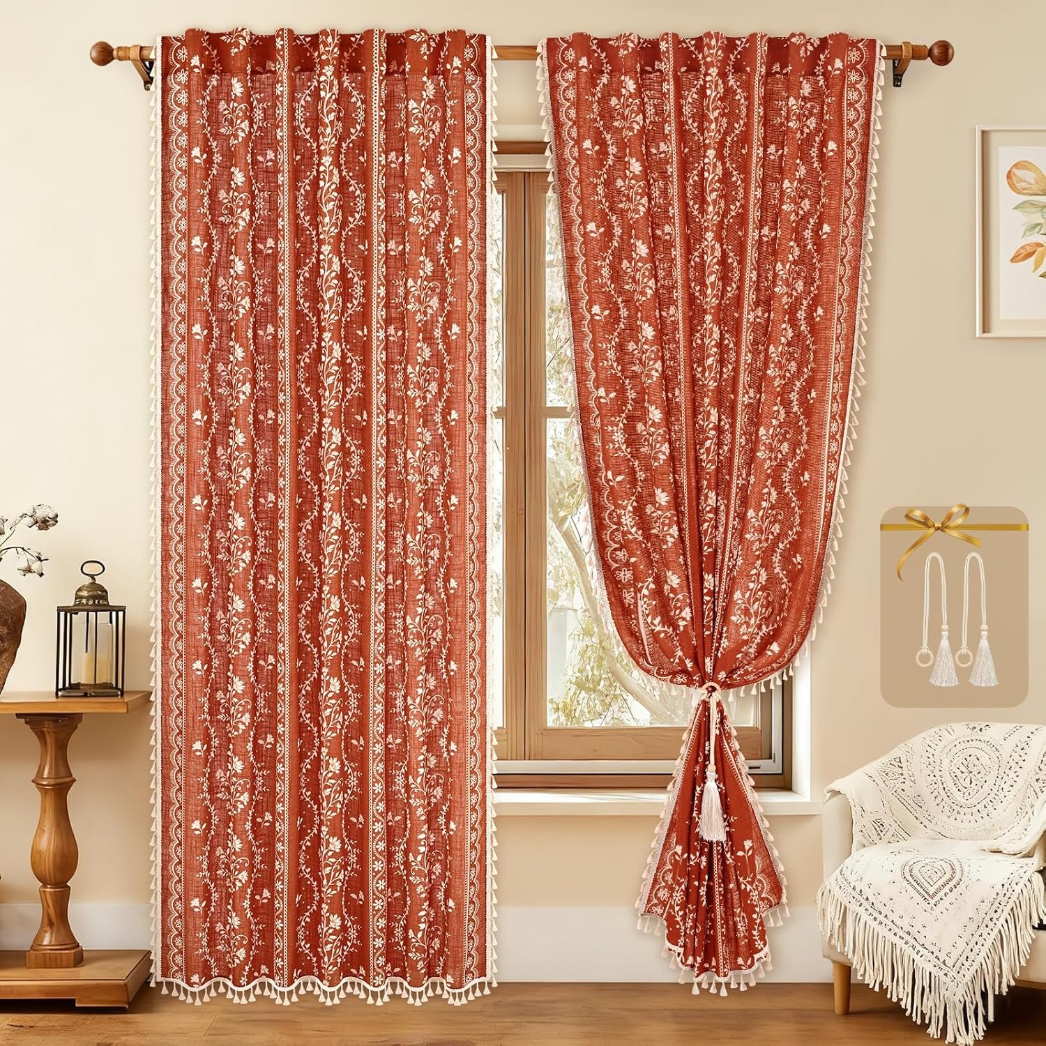 Burnt Orange Bohemian Tassel Curtains | Rod Bag & Straps | Farmhouse Style with Tie-on - Image 2