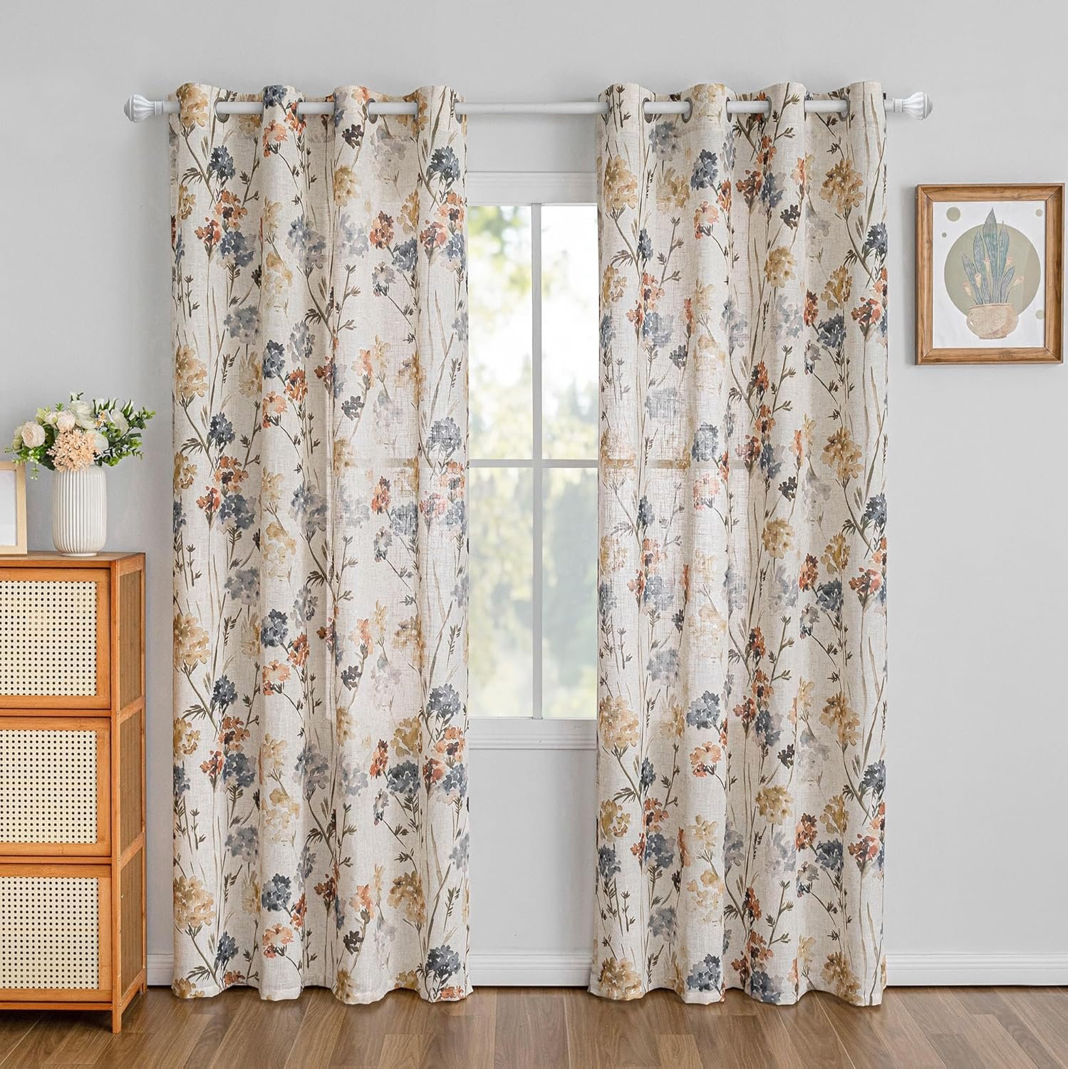 Summer Floral Pleated Linen Curtains | Yellow Semi-Sheer | Farmhouse Style Living Room/Dining Room - Image 2