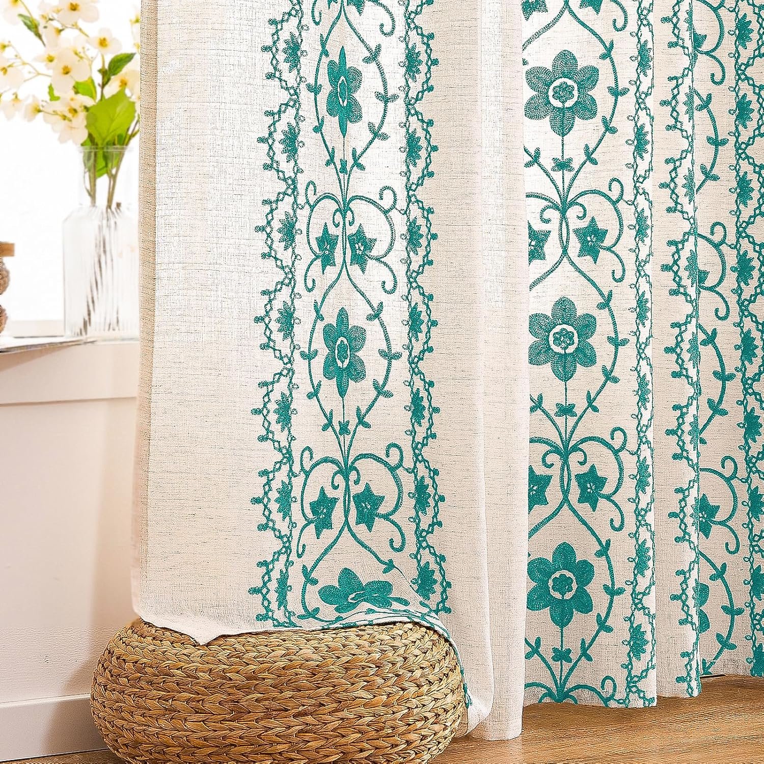 Blue-Green Vintage Floral Embroidered Curtains | Perforated Light-Glowing | Bohemian Style - Image 2