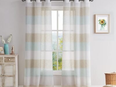 Brown and Spa Blue Color-Blocked Striped Curtains | Metal Ring Eyelet Style