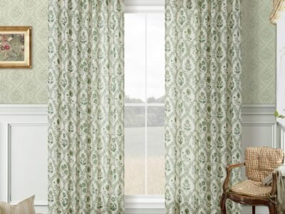 Olive Green Floral Semi-Sheer Curtains | Backstrap Style | French Country Bohemian Style