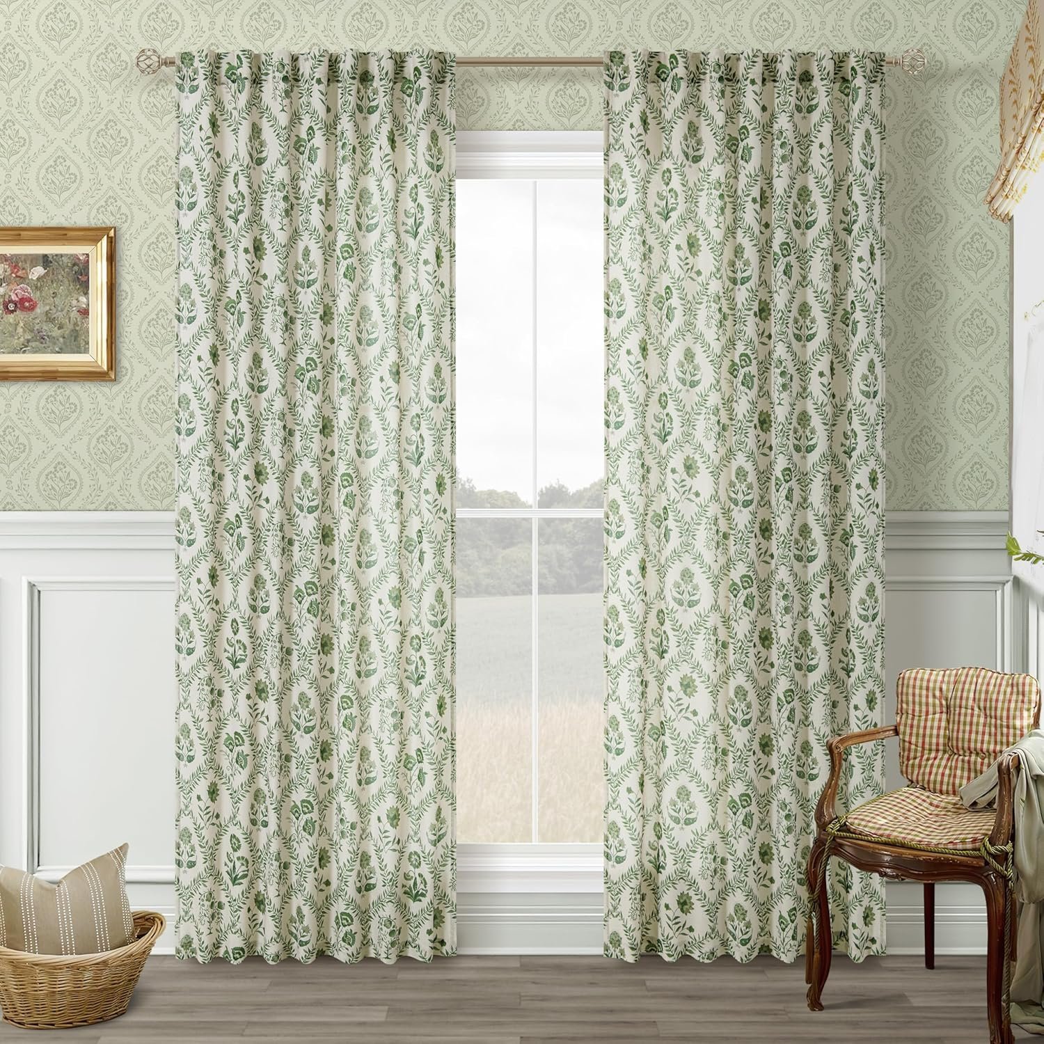 Olive Green Floral Semi-Sheer Curtains | Backstrap Style | French Country Bohemian Style