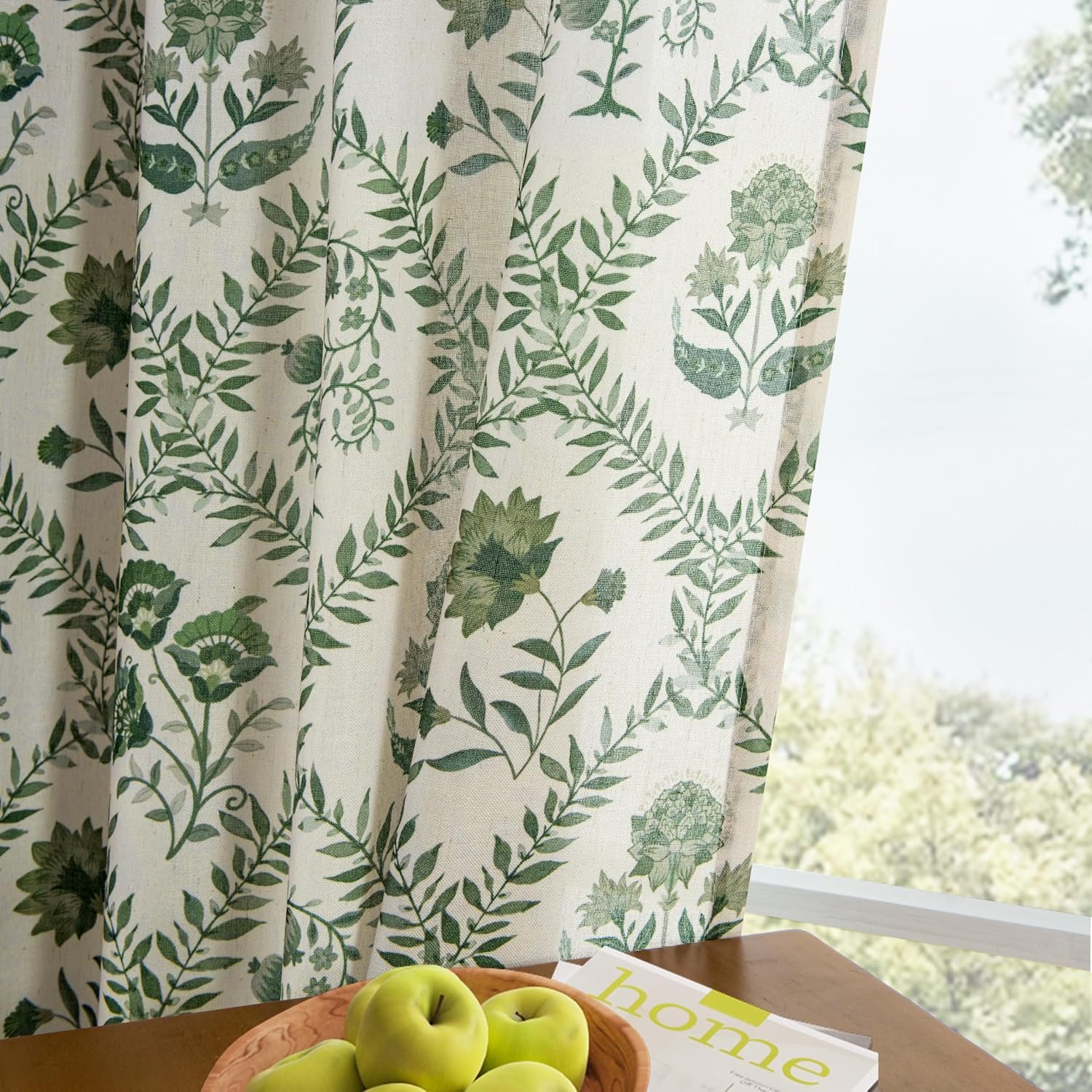 Olive Green Floral Semi-Sheer Curtains | Backstrap Style | French Country Bohemian Style - Image 2