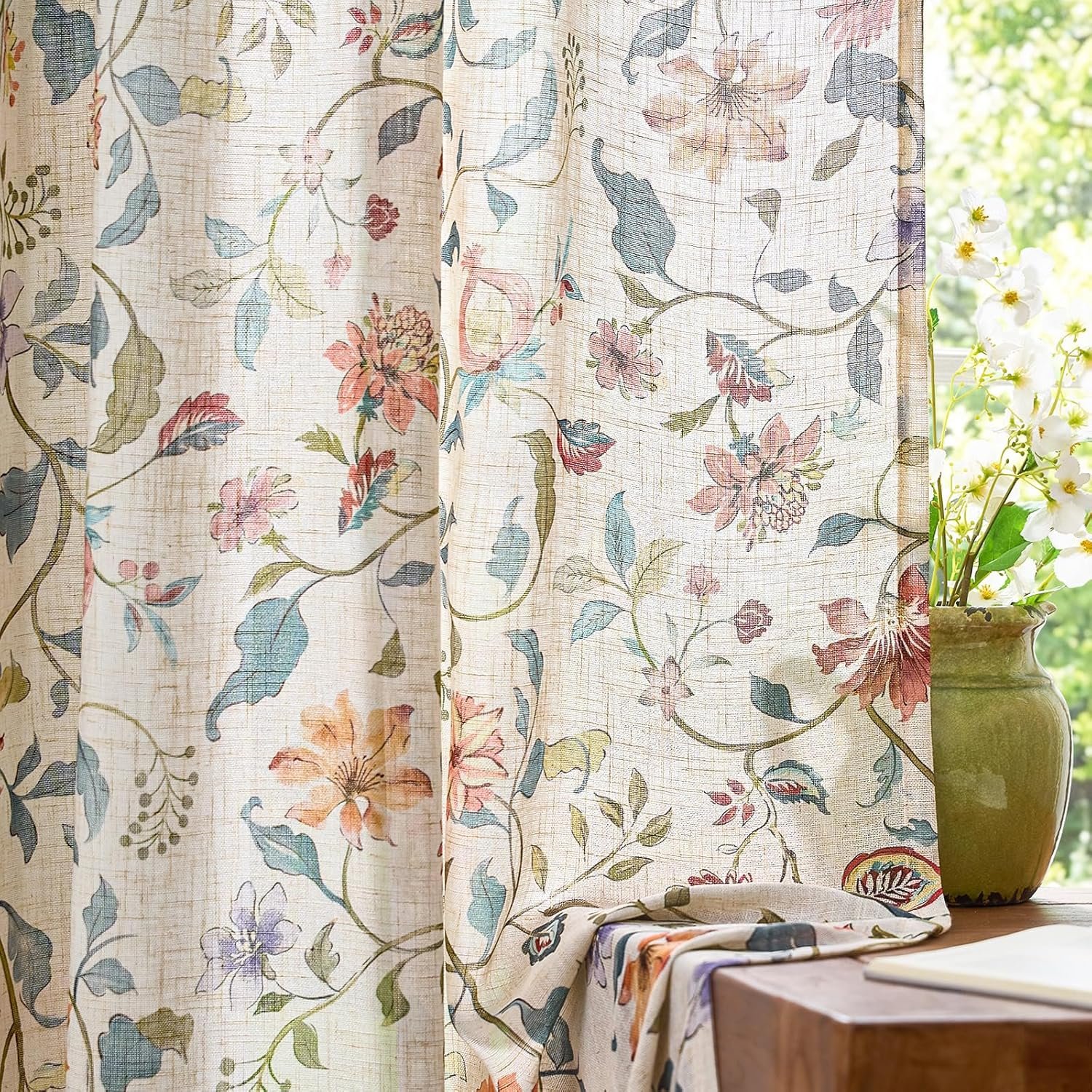 Vintage Country Linen Curtains | Beige Semi-Sheer | Rod Bag & Strap Option