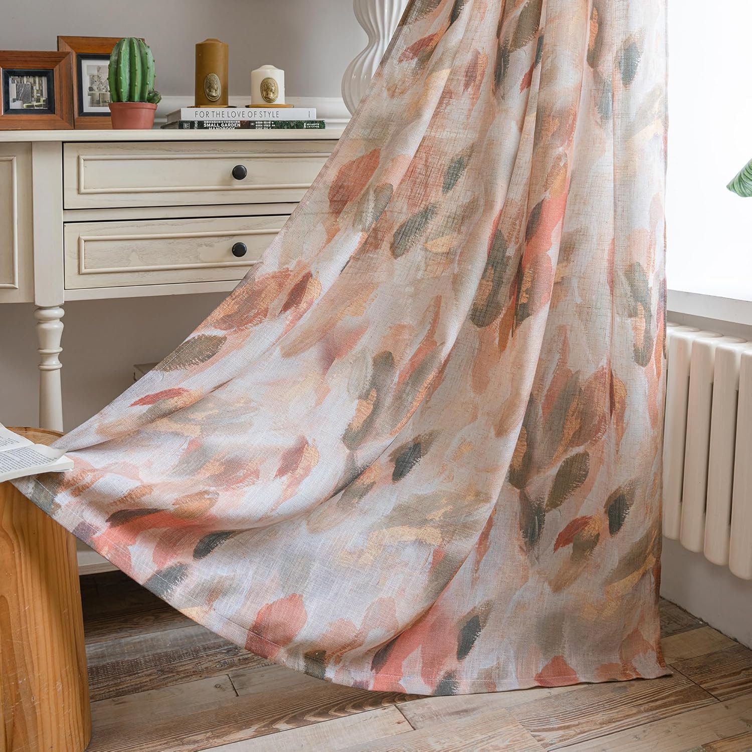 Coral Orange Floral Linen Curtains with Perforated Design for Light Transmission | Privacy Protection for Bedrooms and Dining Rooms