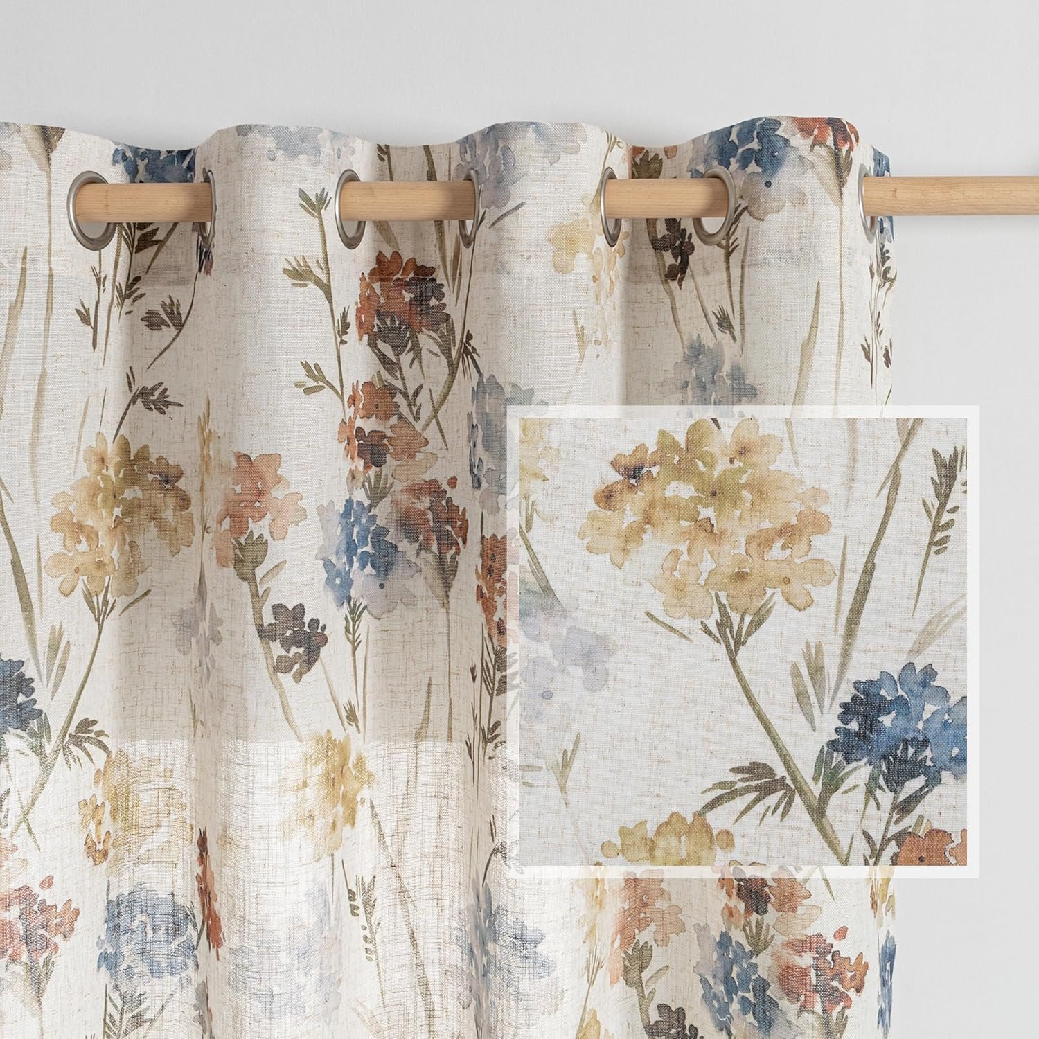 Summer Floral Pleated Linen Curtains | Yellow Semi-Sheer | Farmhouse Style Living Room/Dining Room