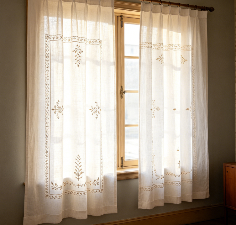 Country-Striped Floral Embroidered Linen Sheer Curtains - Image 2